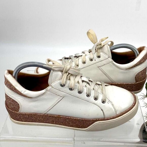 Linea Paola Kenzi White Leather Platform Comfort‎ Sneakers Rose Gold Glitter 8 - Picture 1 of 11
